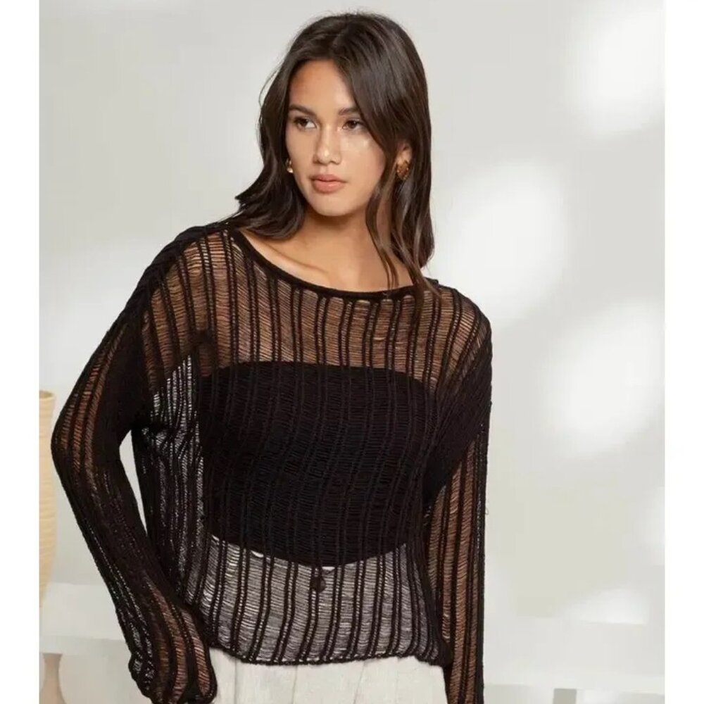($10) Sheer Crochet Ladder Knit Pullover Sweater